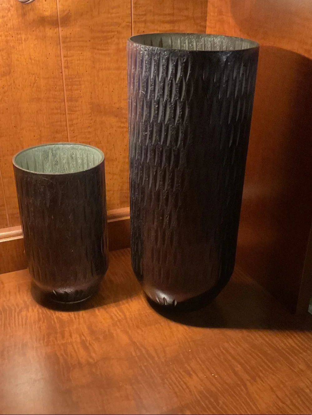 Dark Textured set of Glass Vases - Elegant Black Home Accent, 12” & 7”